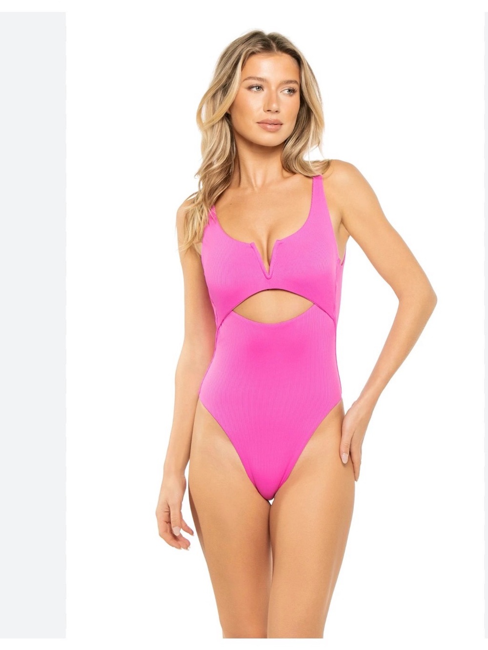 Ribbed Hot Pink Cutout One-Piece Swimsuit